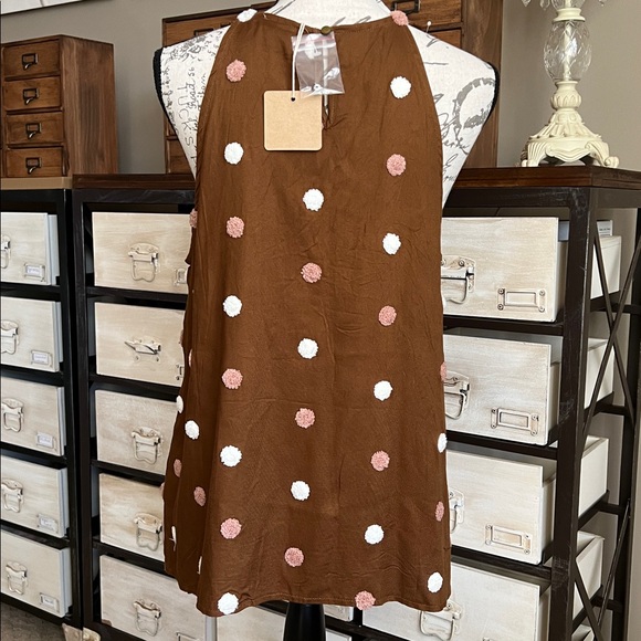 NEW Blu Pepper Brown Pink 3D Polka Dot Women's Halter Tank Top - Picture 3 of 6